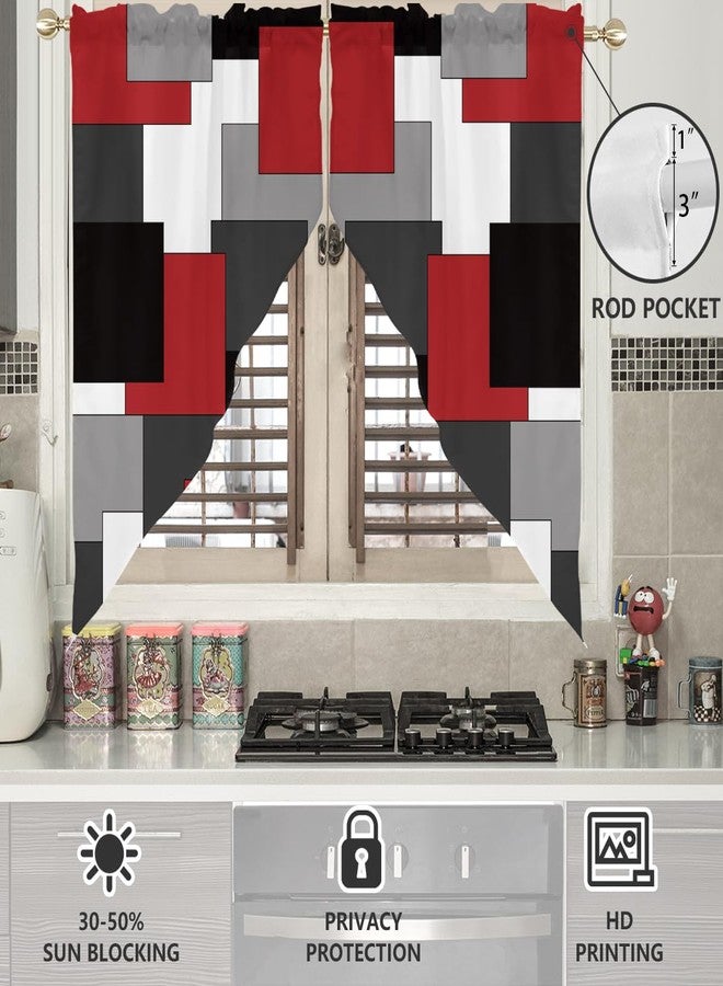 AAtter Red and Black Kitchen Valance Curtain for Window White Grey Gray Abstract Geometric Square Small Short Home Living Room Bedroom Bathroom Drape Fabric 1 Pair, 28" W x 36" L, Modern - Image 2